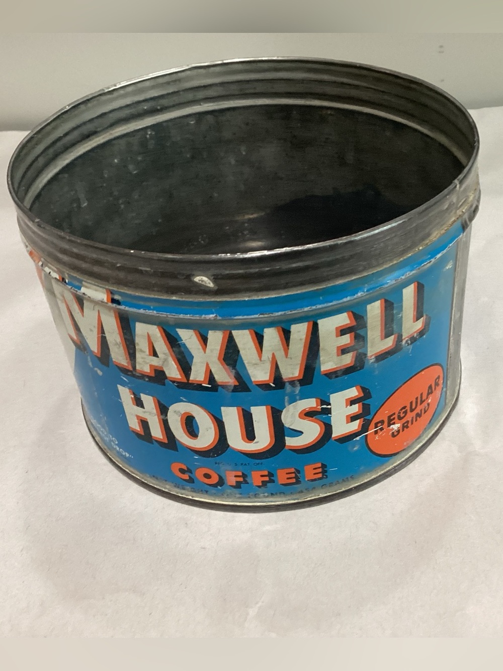Vtg. 1950s Maxwell House 1 pound coffee tin with blue,white and orange MCM